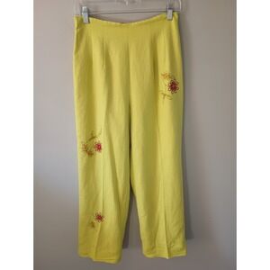 1990's Donna‎ Morgan Size 8 Petite Linen Pants Green Floral Sequin Embroidered